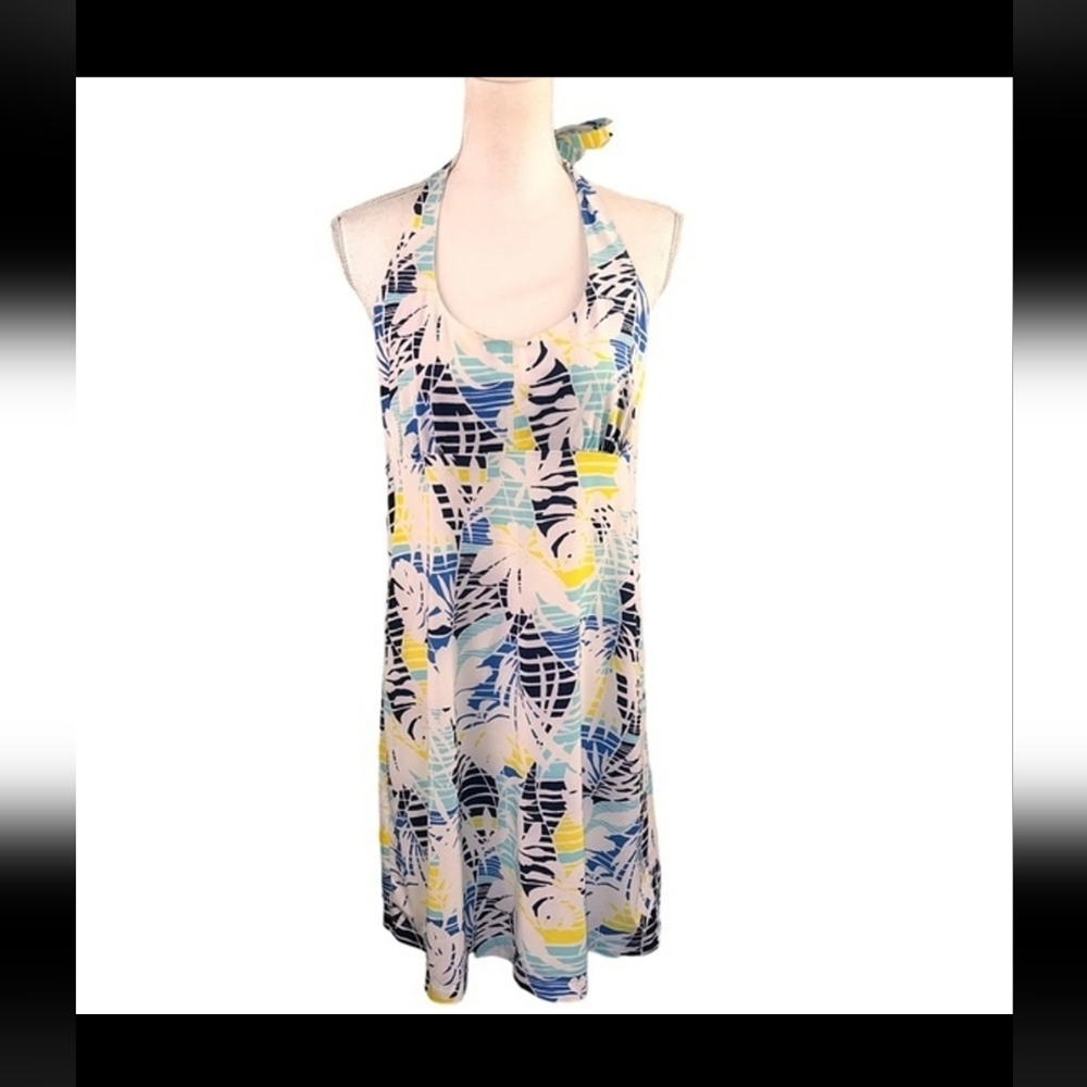 Columbia Sports Tropical Halter Dress Medium Blue Yellow Summer Beach Vacation